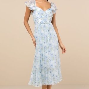 Lulus Gorgeous Presence Blue Floral Pleated Lace-up Midi Dress - Size XL